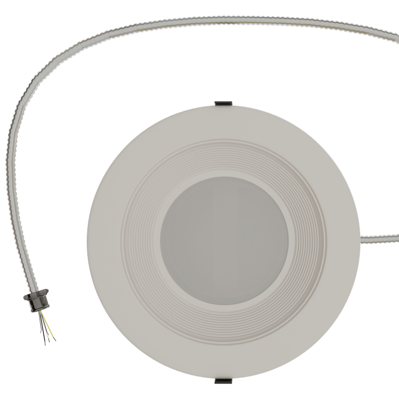 RENO Lighting: 4″ Commercial grade downlight. 120V-347V and Multi-CCT. 24″ Conduit cable.