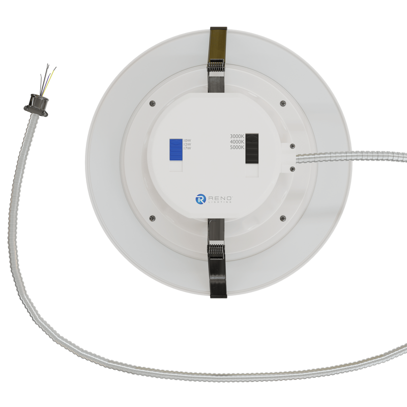 RENO Lighting: Commercial grade downlight. 120V-347V. Multi-CCT and Multi-Wattage. 24″ Conduit cable (3 Size Available)