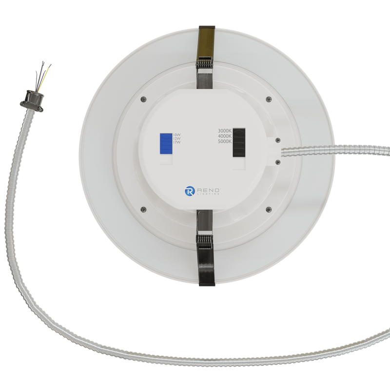 RENO Lighting: 4″ Commercial grade downlight. 120V-347V and Multi-CCT. 24″ Conduit cable.